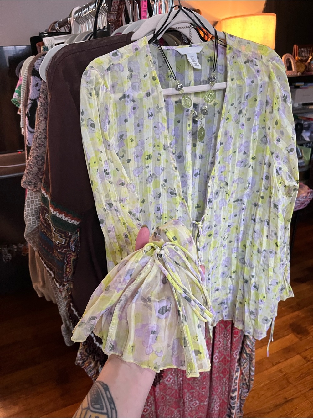 Like new! H&M Yellow/Green/Lavender Floral Tie-Front Blouse - Picture 8 of 16